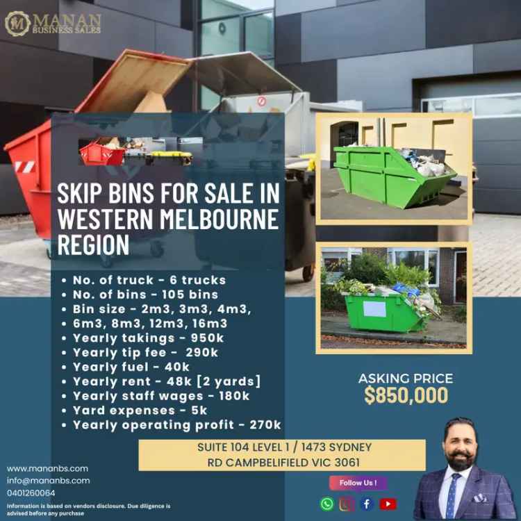 SKIP BINS BUSINESS FOR SALE IN WESTERN MELBOURNE REGION