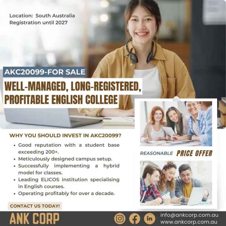 Well-Managed, Long Register, Profitable English College in SA For Sale AKC20099