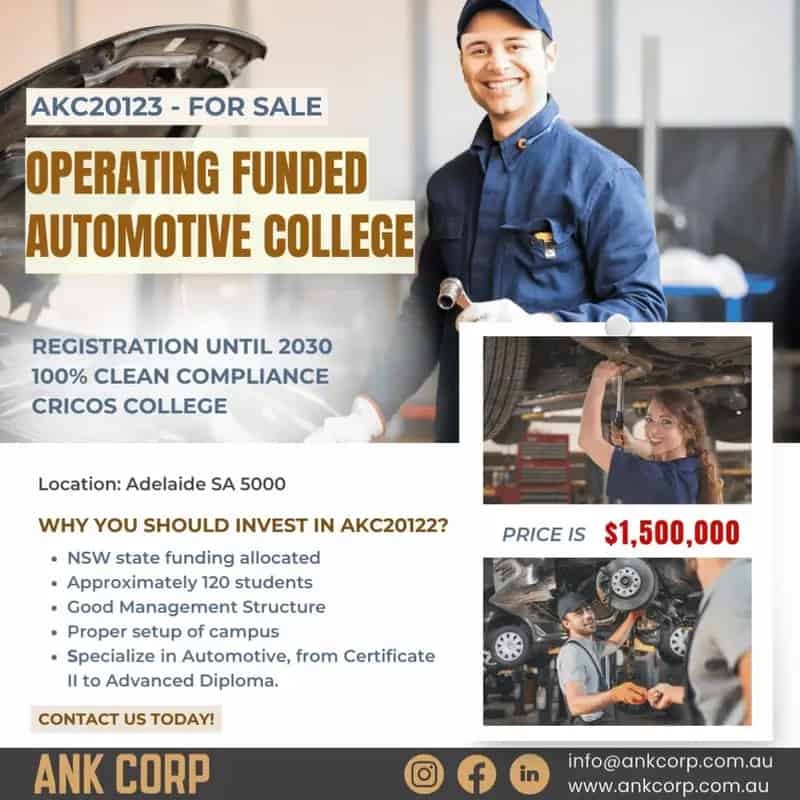 Buy Profitable Automotive College in New South Wales with Funding Support