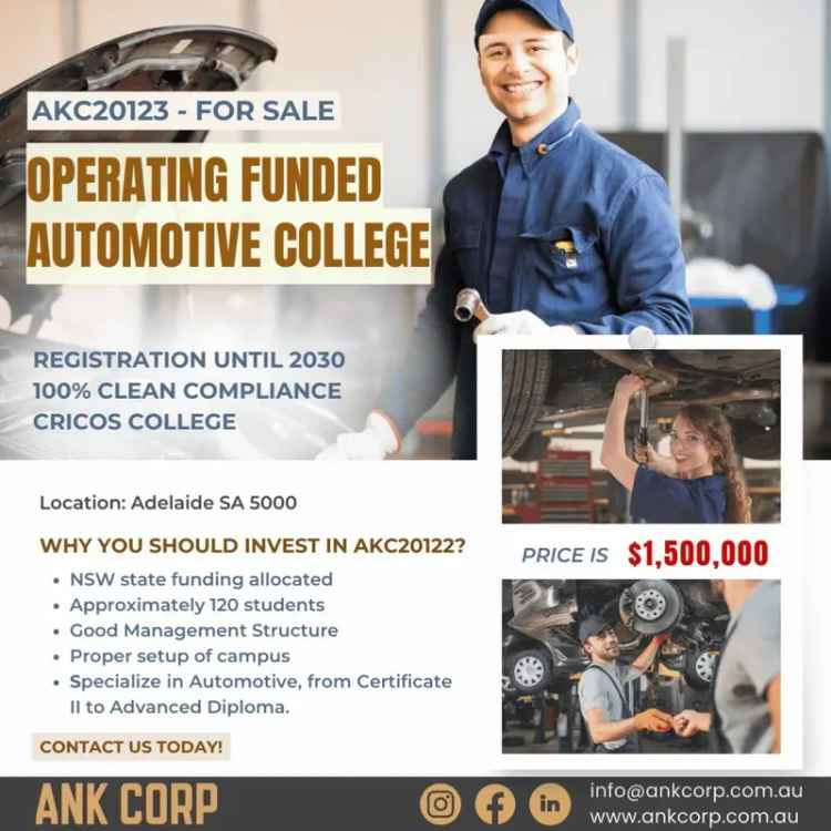 EXCELLENT MANAGEMENT, PROFITABLE AUTOMOTIVE COLLEGE FOR SALE - AKC20123